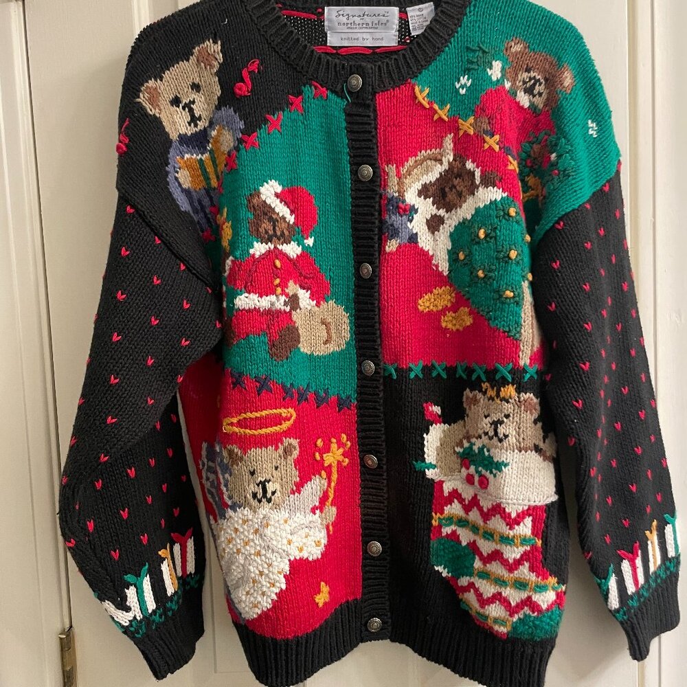 Vintage Signatures by Northern Isles Black Teddy Bear Heart Ugly Christmas Cardi